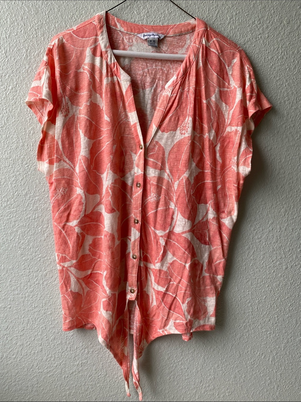 Tommy Bahama Coral and White Leaf-Print Button Front Top